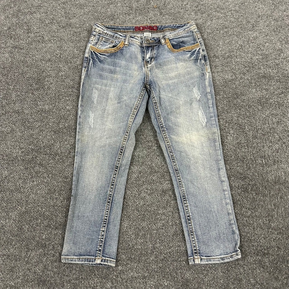 Bongo Jeans Womens Size 7 Blue Rayon Blend Cropped Embellished Cross Y2K Denim